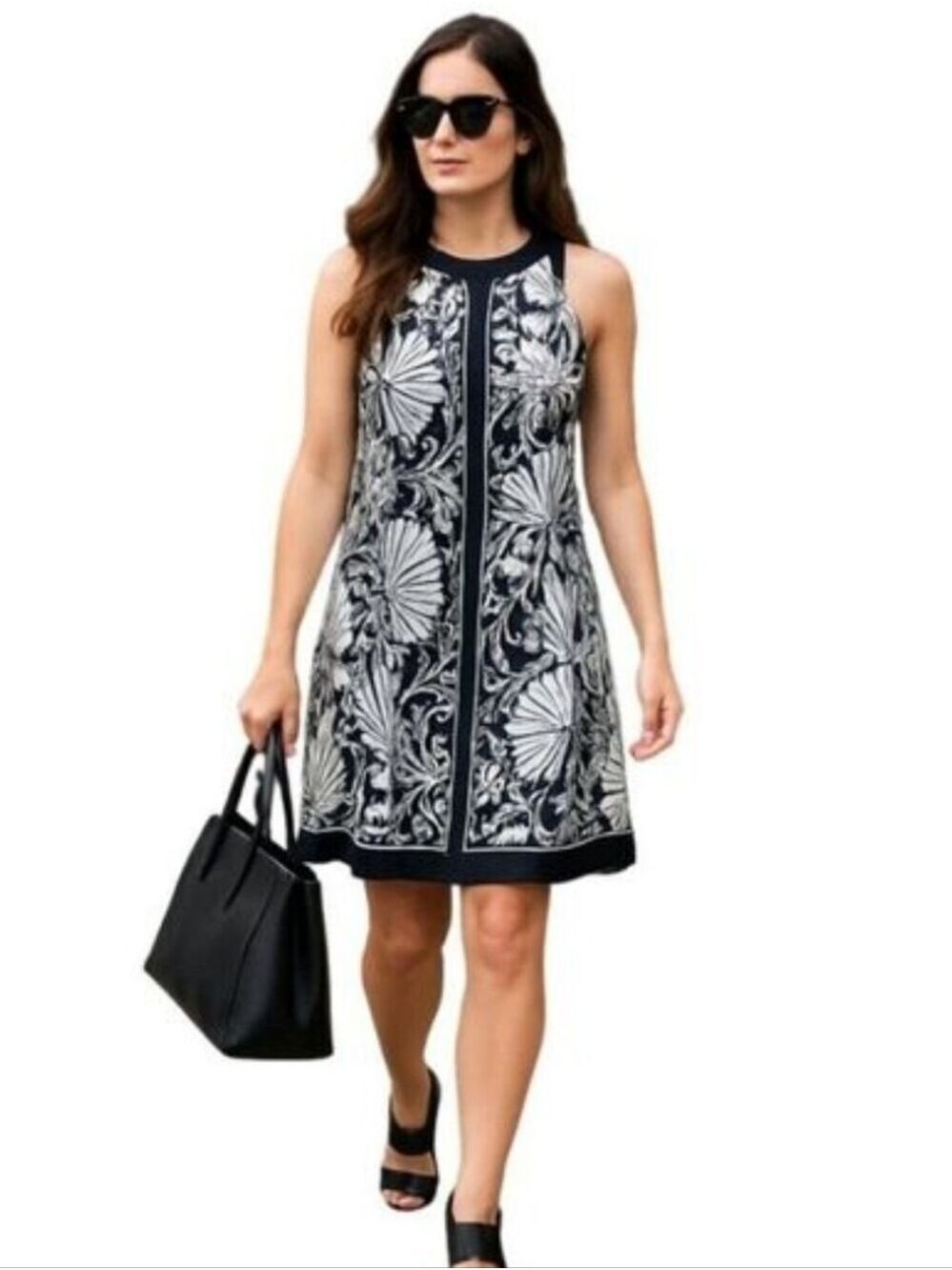 ADORABLE SILK BLACK AND WHITE SLEEVELESS FLORAL DRESS BY CLASSIQUES ENTIER